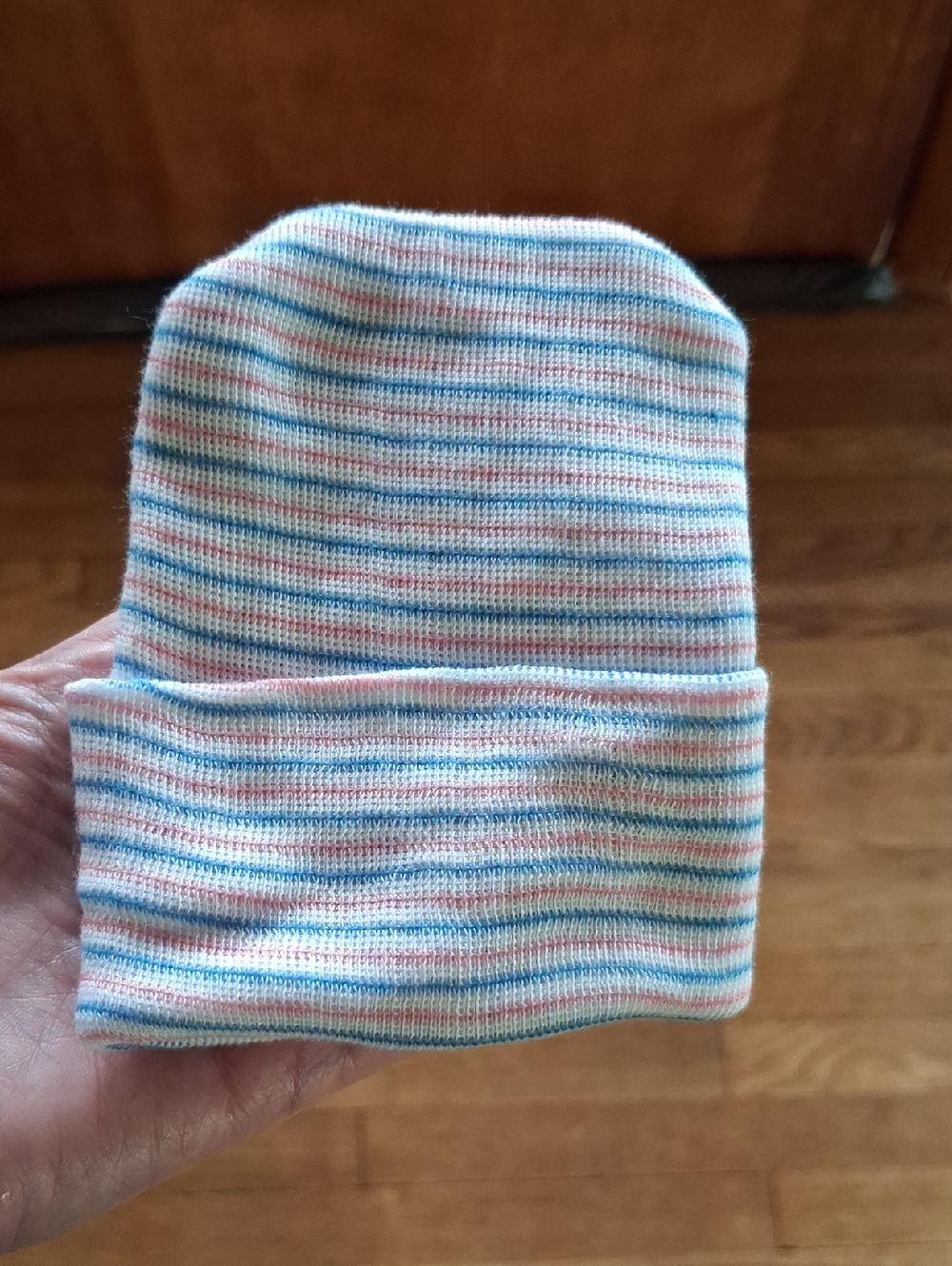 Striped Knit Baby Beanie - Blue, Pink & White